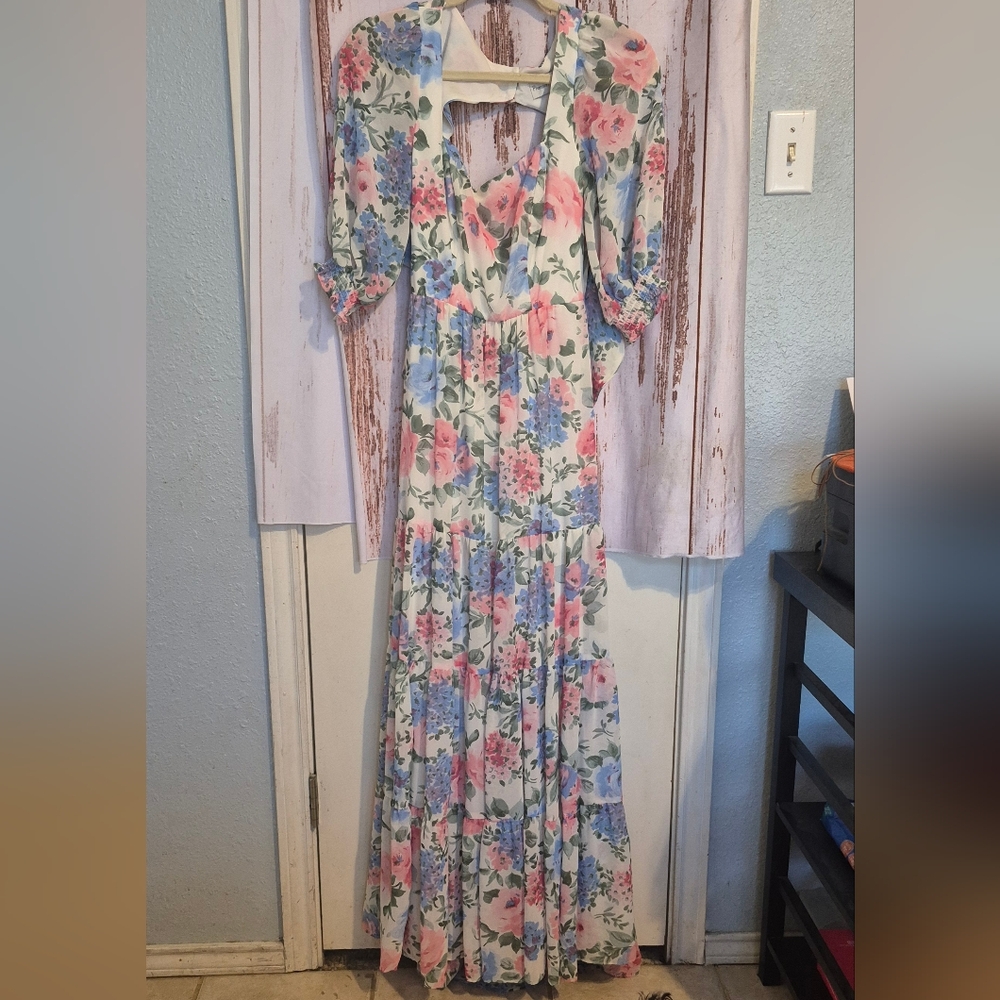 Premier Amour Floral Maxi Dress with Pink and Blue Accents. Size 4